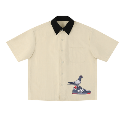 “Dunk the Angry Pigeon” Color Block Short Sleeve Button-Up