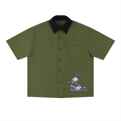 “Dunk the Angry Pigeon” Color Block Short Sleeve Button-Up